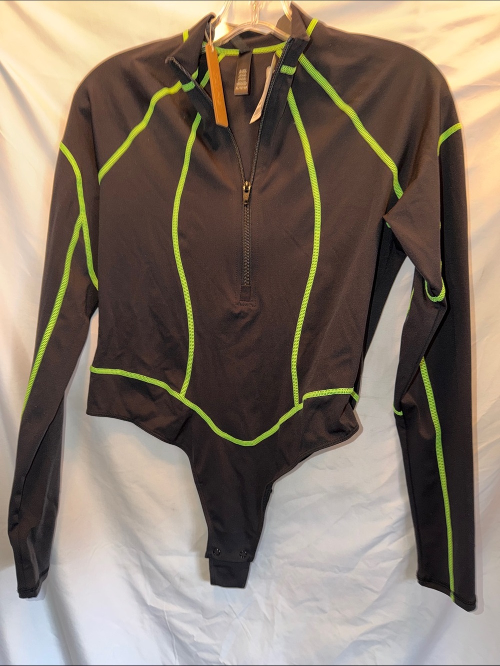 SKIN’S Black Long-Sleeve Bodysuit, Neon Green Piping, Size XL, PTP 17”, (T2-299)